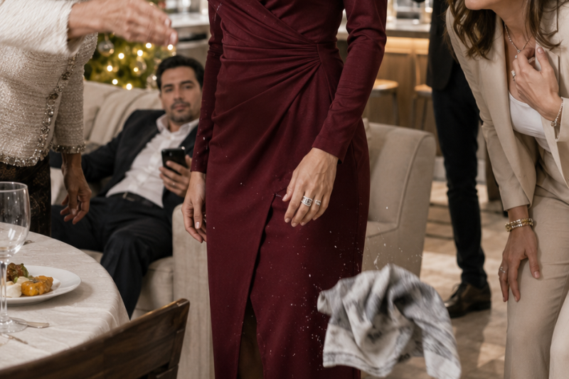 Mi suegra me aventó un trapo con jabón en Navidad por ser “costurera de mercado”, pero mi cuñada vio mi anillo y entendió quién era yo realmente esa noche…
