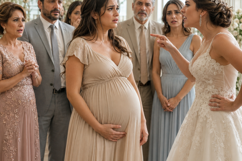 A los 8 meses de embarazo, mi prima me acusó de ir vestida “como novia barata” a su boda, y lo dijo frente a toda la familia mientras mis 2 hijos se movían dentro de mí.
