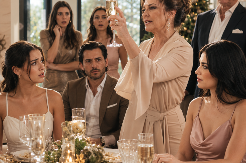 En plena cena de Nochebuena, mi suegra levantó su copa y anunció que la mujer sentada frente a mí sería perfecta para mi esposo cuando él por fin se divorciara de mí.