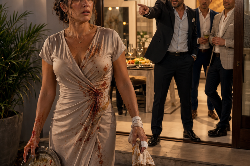 La noche en que mi esposo me dijo que yo lo había hecho quedar mal por “desaparecerme” frente a sus amigos, yo tenía las manos quemadas, un dedo cortado y el vestido manchado de salsa por haberlos atendido durante 4 horas.