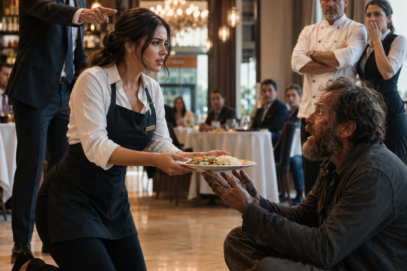 Le di mi única comida a un hombre sin hogar en el restaurante donde trabajaba; mi ex me despidió sin saber que ese “mendigo” era el nuevo dueño