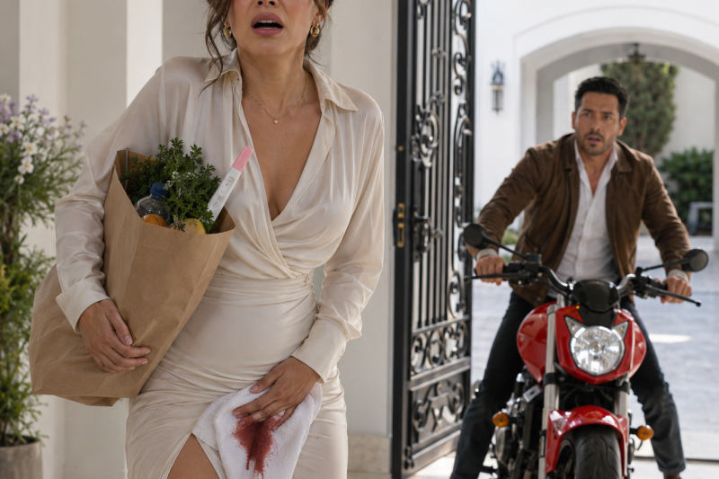 Mi esposo entró a la cochera montado en una motocicleta roja mientras yo sostenía una toalla manchada de sangre entre las piernas y una prueba de embarazo positiva escondida en la bolsa del mandado.