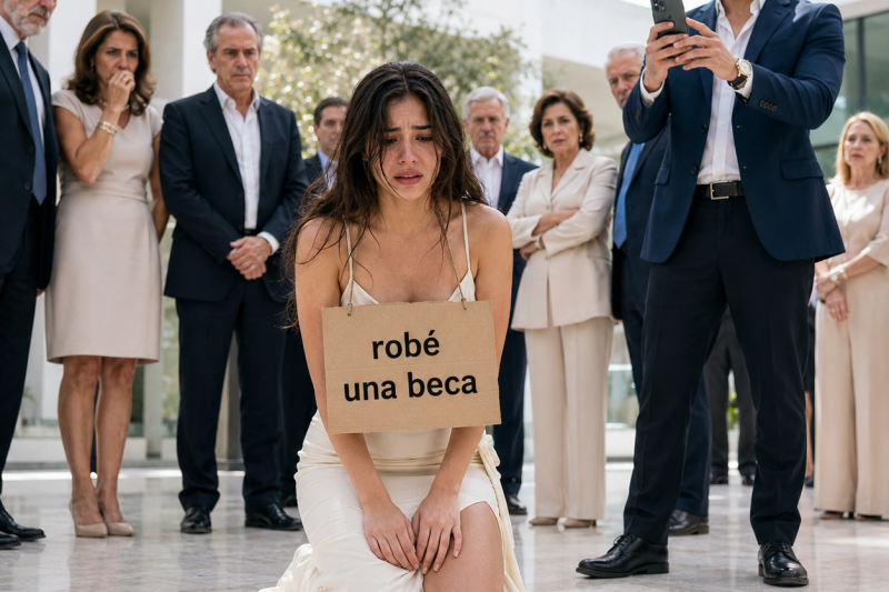 Me obligaron a arrodillarme frente a los donadores de mi universidad con un letrero colgado al cuello que decía “robé una beca”, y mi novio fue quien tomó la foto.